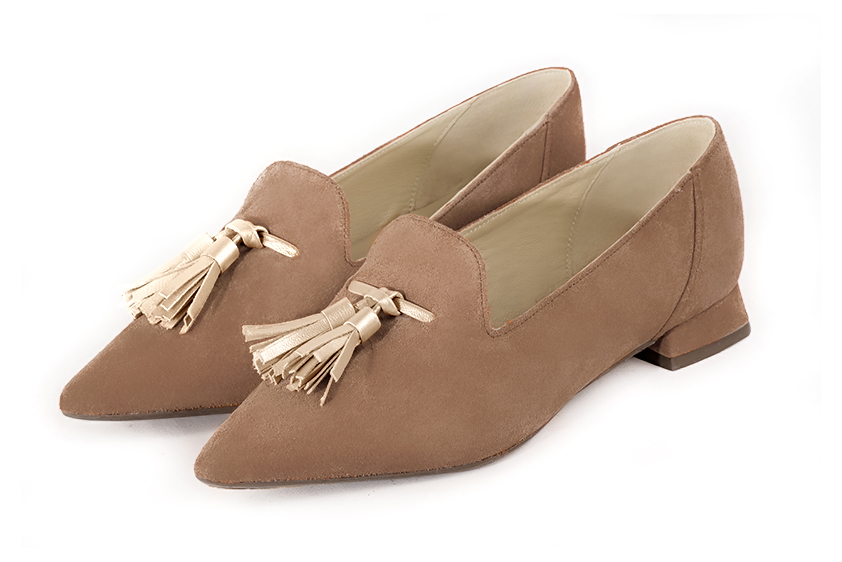 Biscuit beige and gold women's loafers with pompons. Pointed toe. Flat flare heels - Florence KOOIJMAN